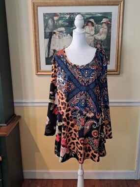 Lily Women's Mixed Print Long-Sleeve Tunic Top - Navy & Orange Size XL